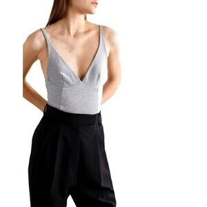 Alix Nyc Silver Glitter Bodysuit With Adjustable Straps Womens Small New $118